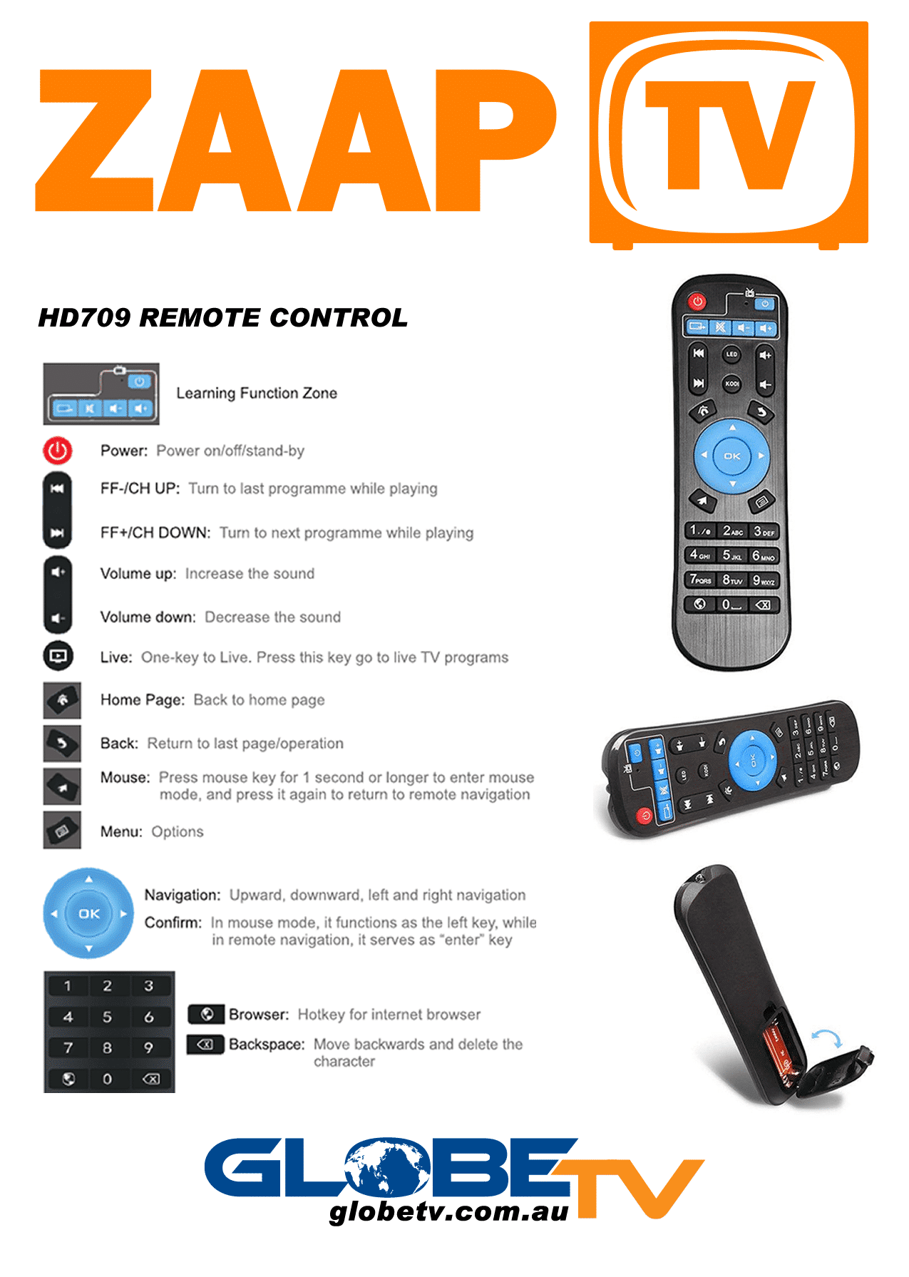 ZAAPTV HD709 Remote Control