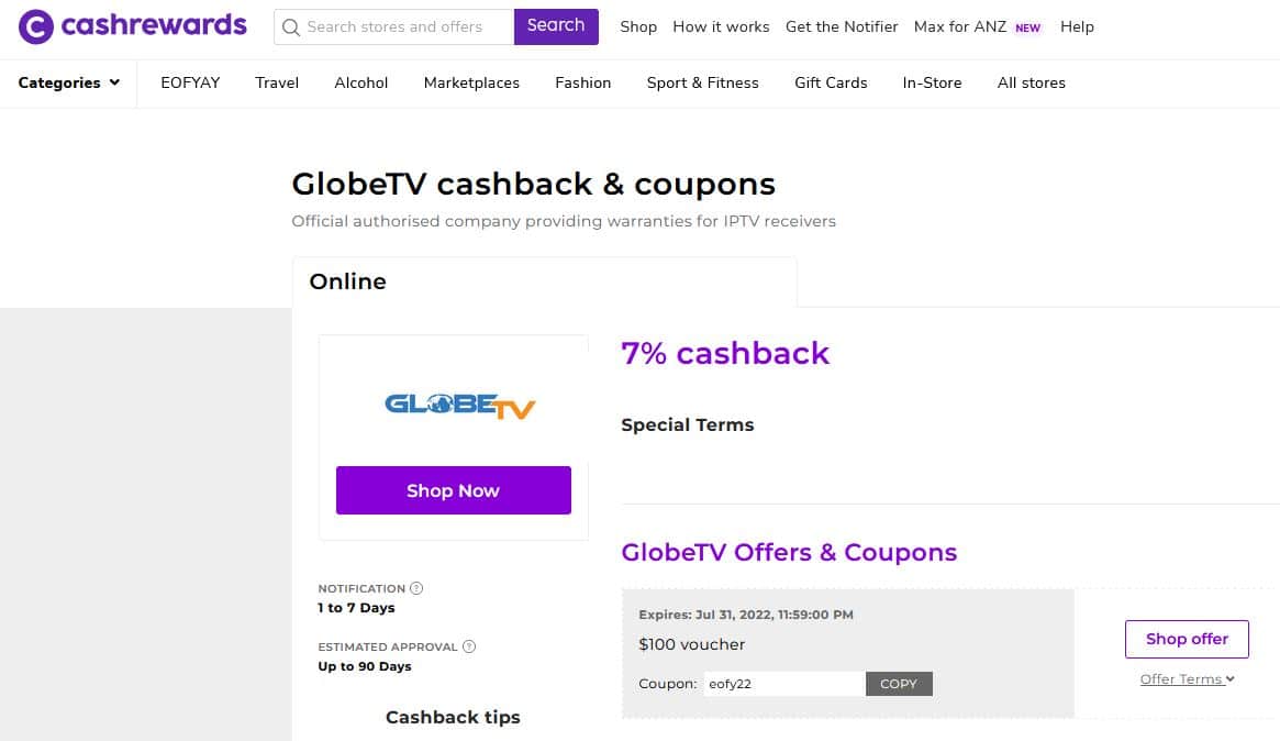 GlobeTV.com.au - CashRewards Coupon Codes